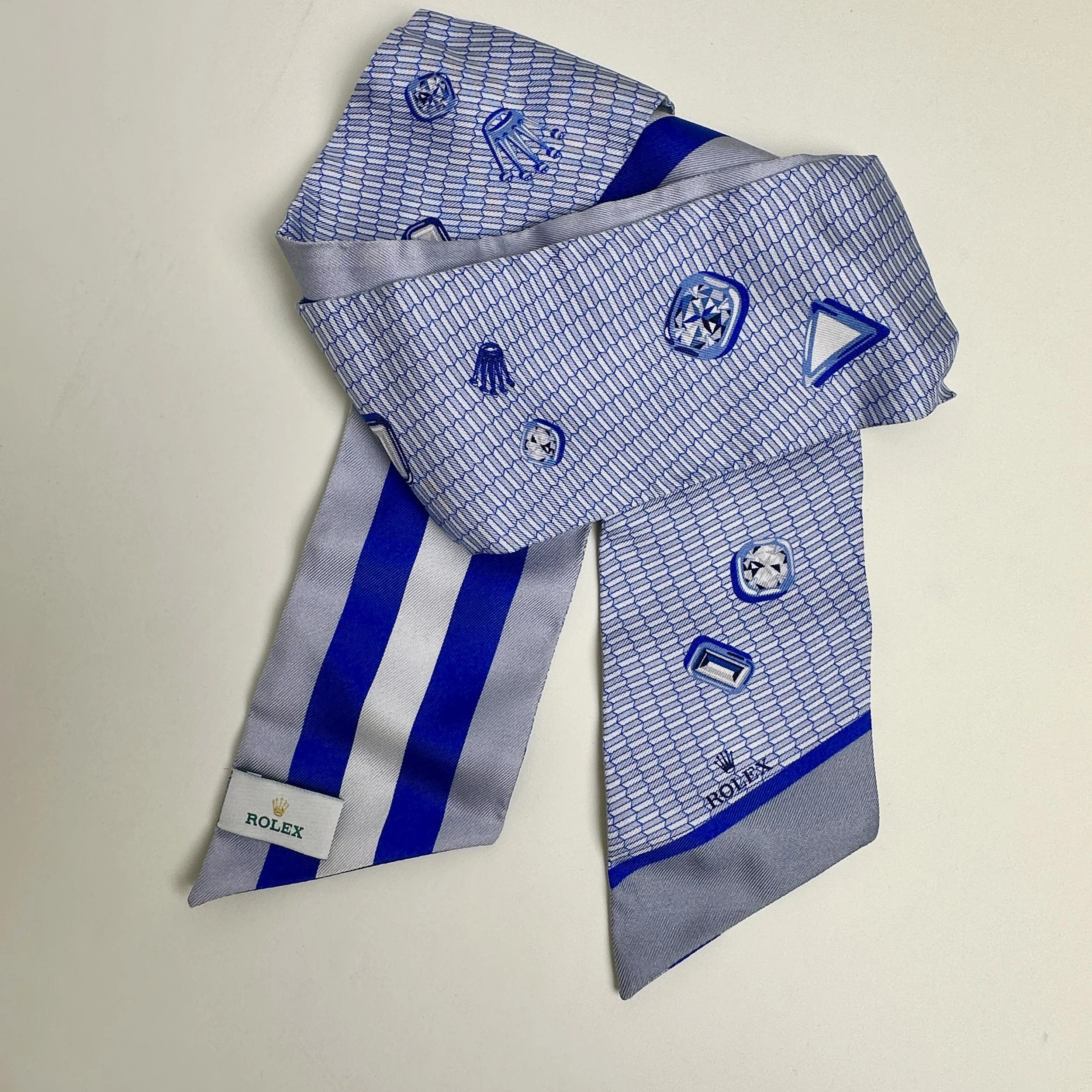 Rolex Blue Silk Twilly Scarf with Gem Motif and Striped Design